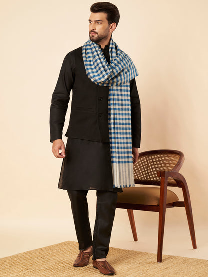 Men's Woollen Lohi Shawl | Blue Grey Check