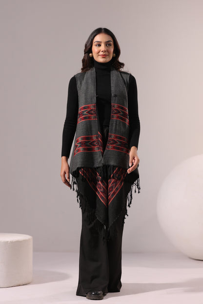 Women's Sleeveless Kullu Pattern Shrug Cardigan | Grey