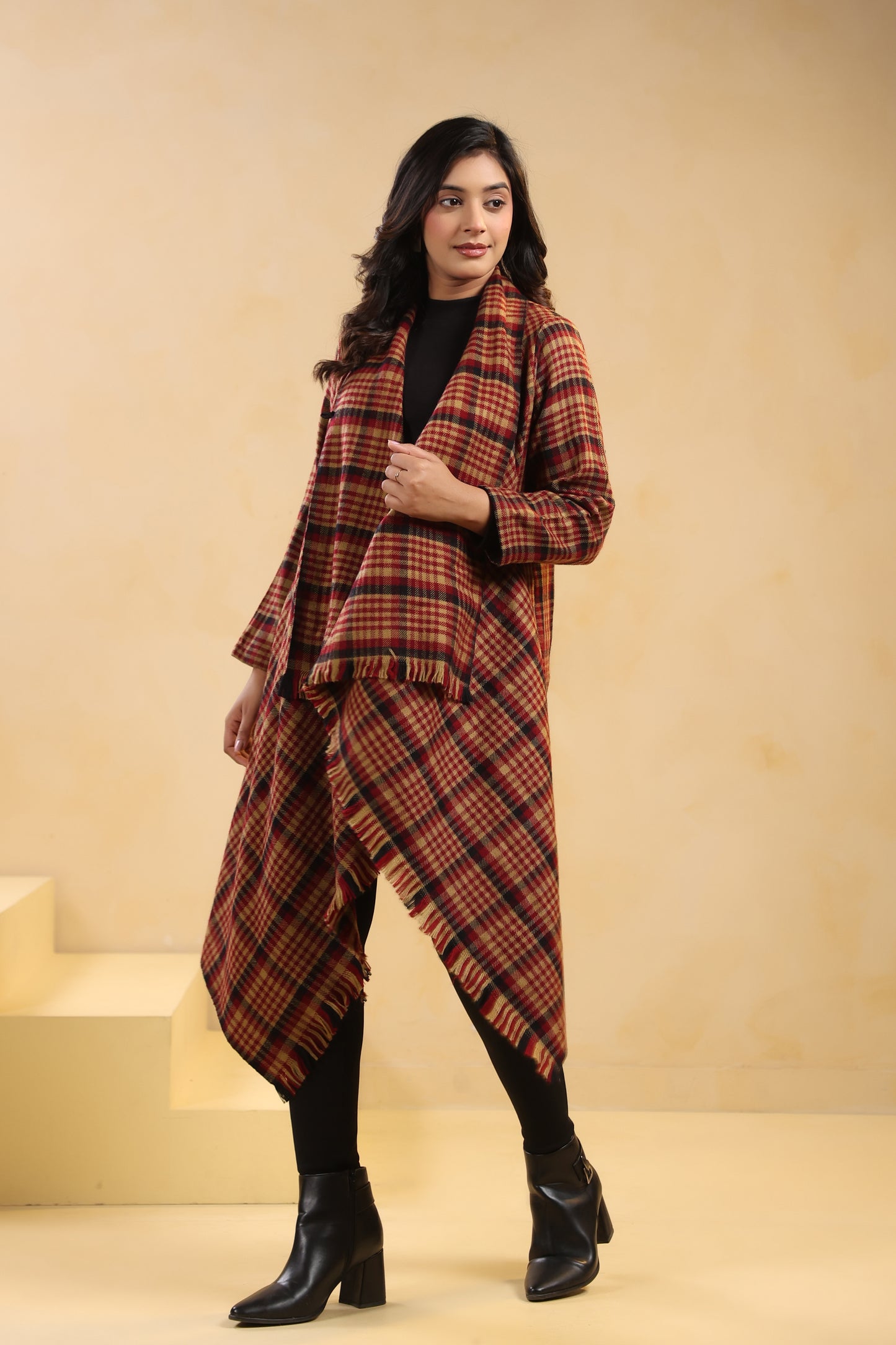 Women's Full Sleeve Woolen Checkered Shrug Cardigan | Maroon Check
