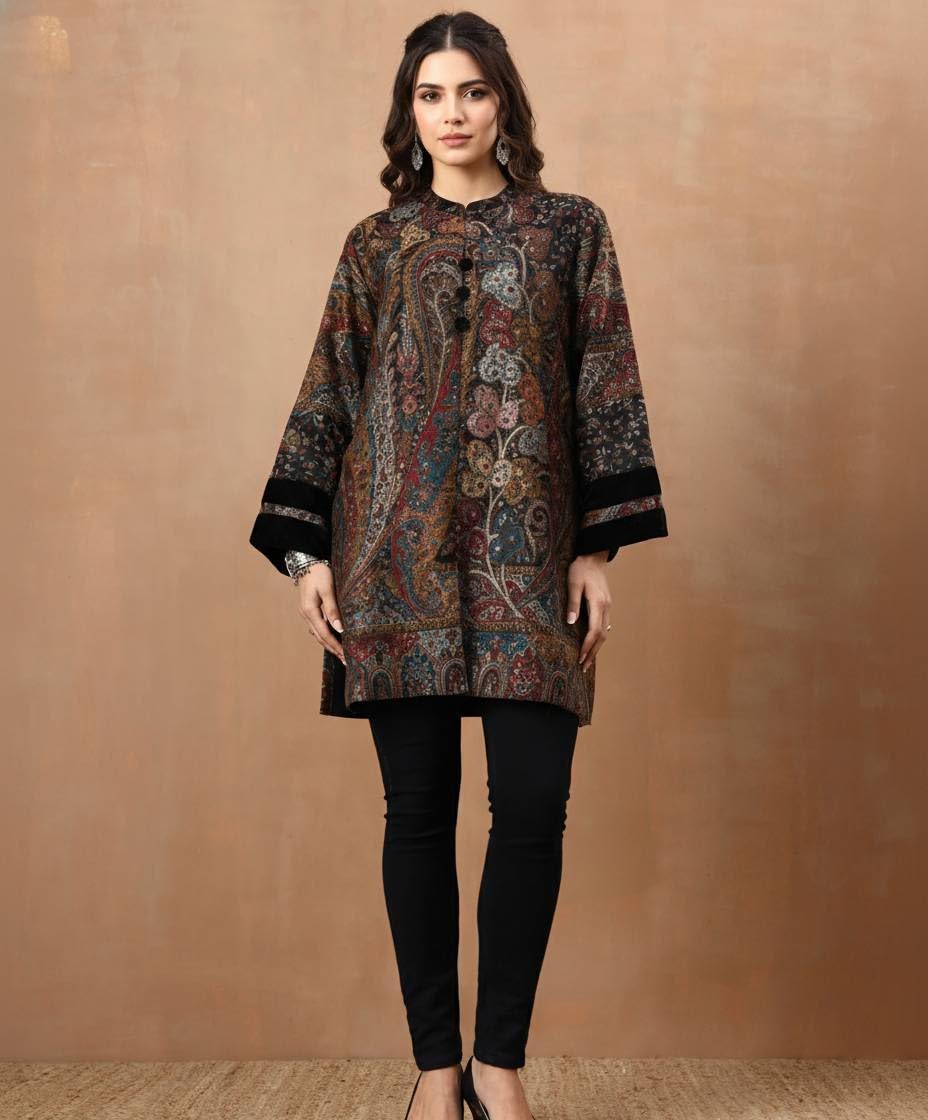 Women's Kaani Woven Winter Kurta | Black - view 2