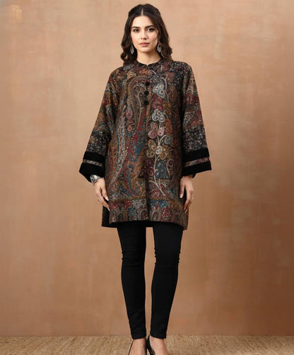 Women's Kaani Woven Winter Kurta | Black - view 2