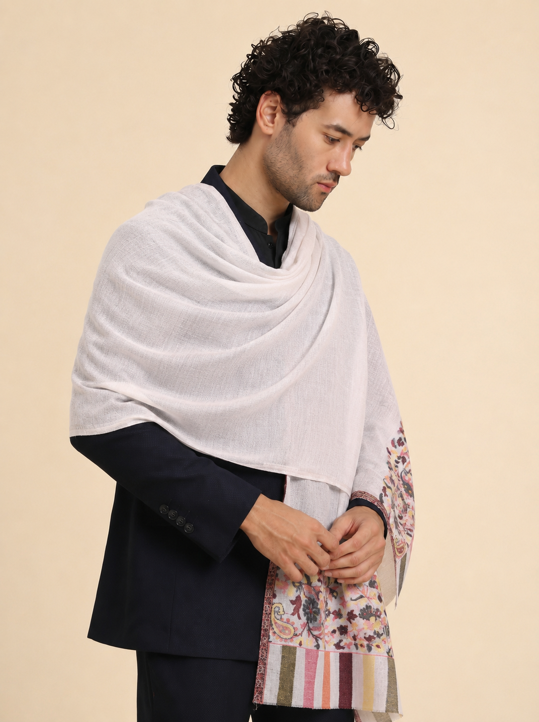 Ultra Soft Fine-Wool Kani Woven Stole for Men | Off White - view 2