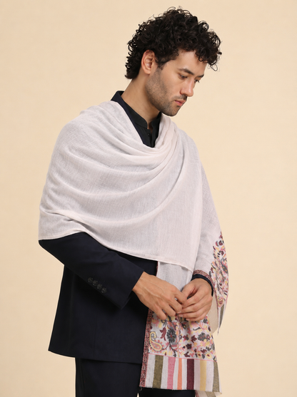 Ultra Soft Fine-Wool Kani Woven Stole for Men | Off White - view 2