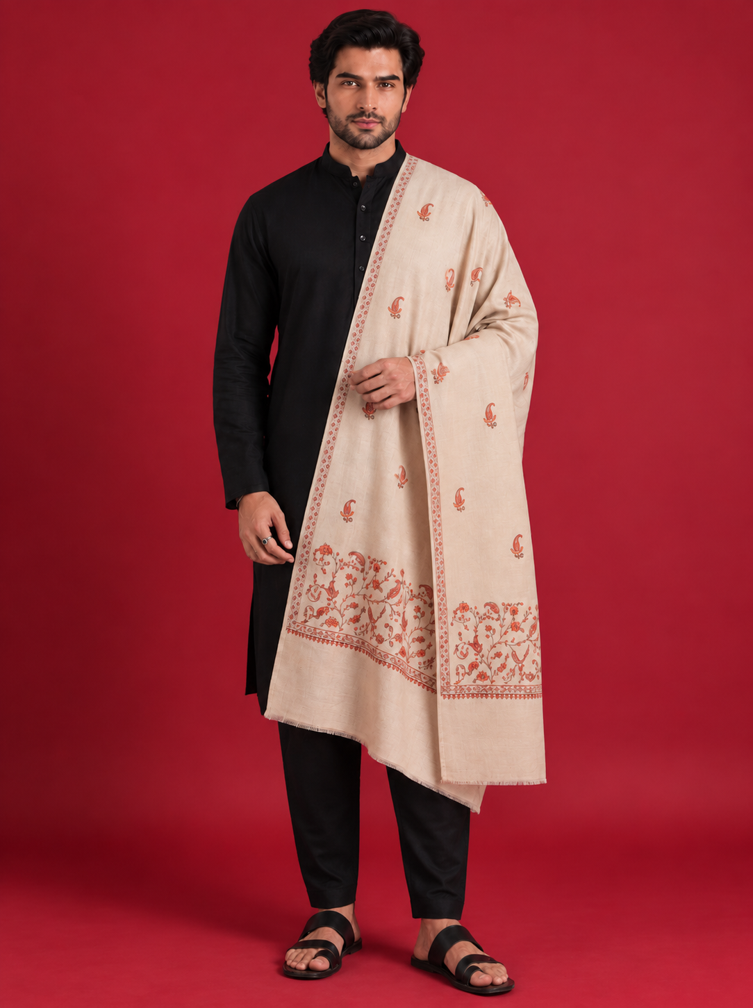 Sozni Floral Embroidery Kashmiri Shawl for Men | Beige - view 4