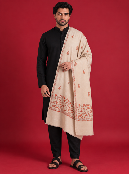Sozni Floral Embroidery Kashmiri Shawl for Men | Beige - view 4