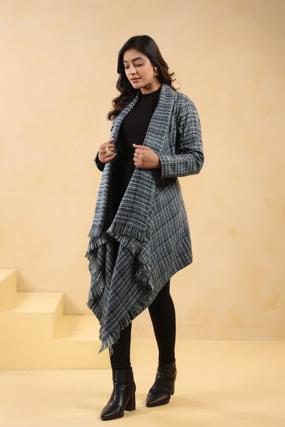 Women's Full Sleeve Woolen Checkered Shrug Cardigan | Grey Black