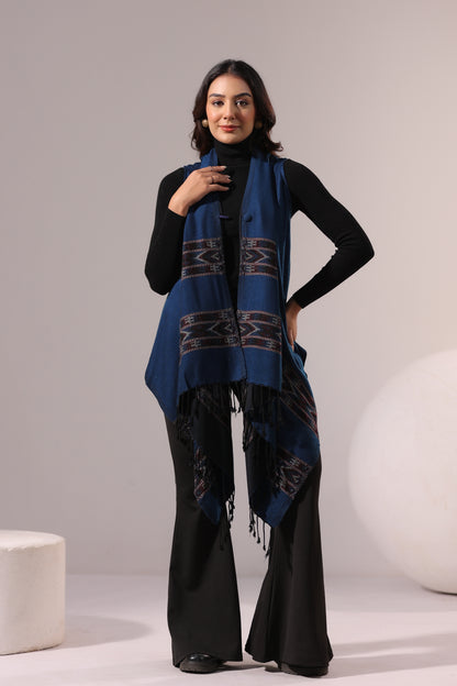 Women's Sleeveless Kullu Pattern Shrug Cardigan | Blue