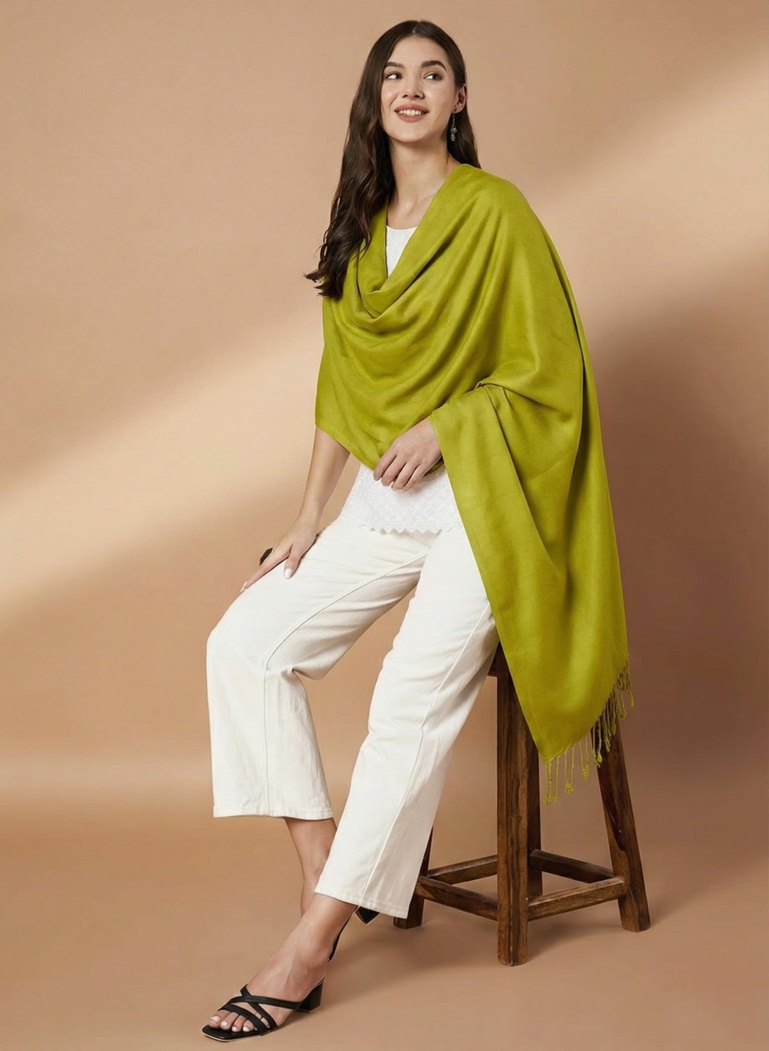 Plain Green Woolen Stole for Women | Green