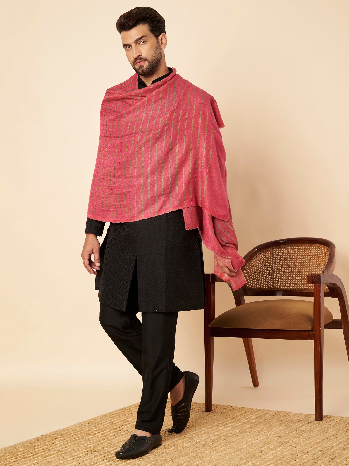 Fine Wool Horizontal Zari Stripes Stole | Pink