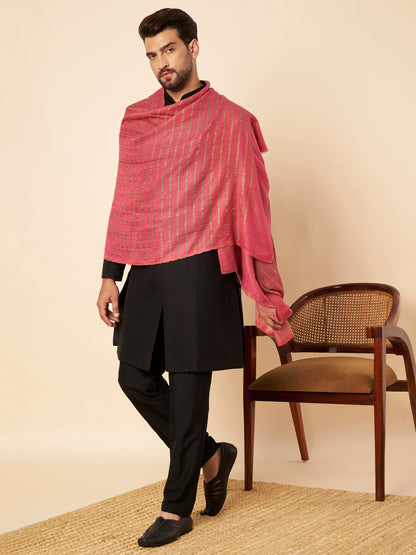 Fine Wool Horizontal Zari Stripes Stole | Pink