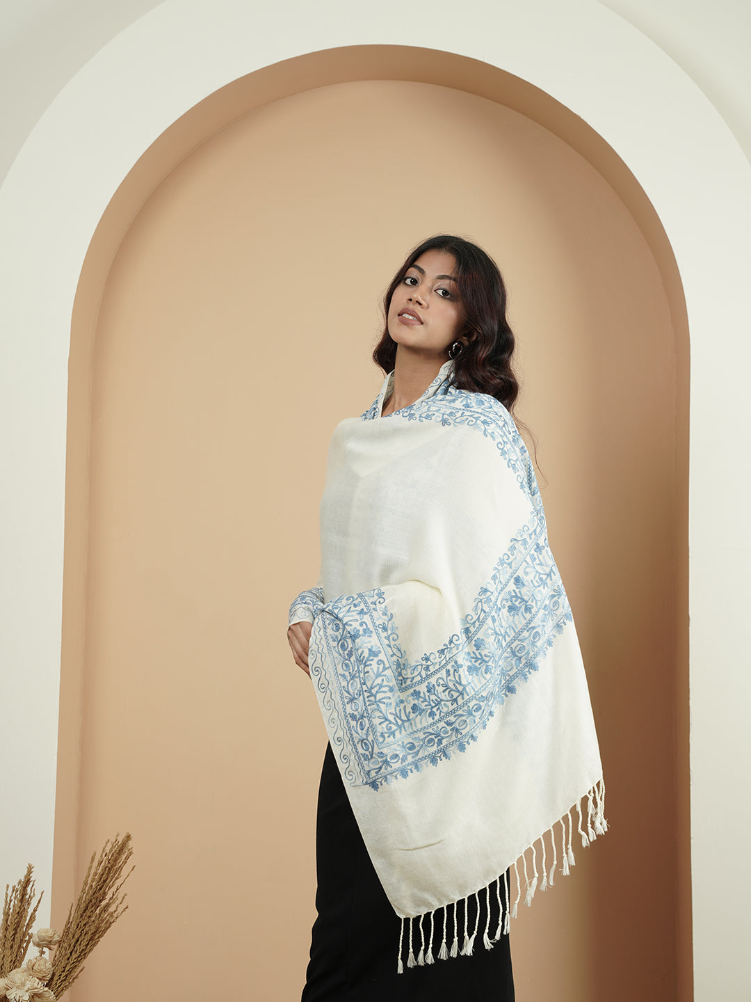 Floral Kashmiri Embroidery Warm Stole with Fringed Border | White - view 3