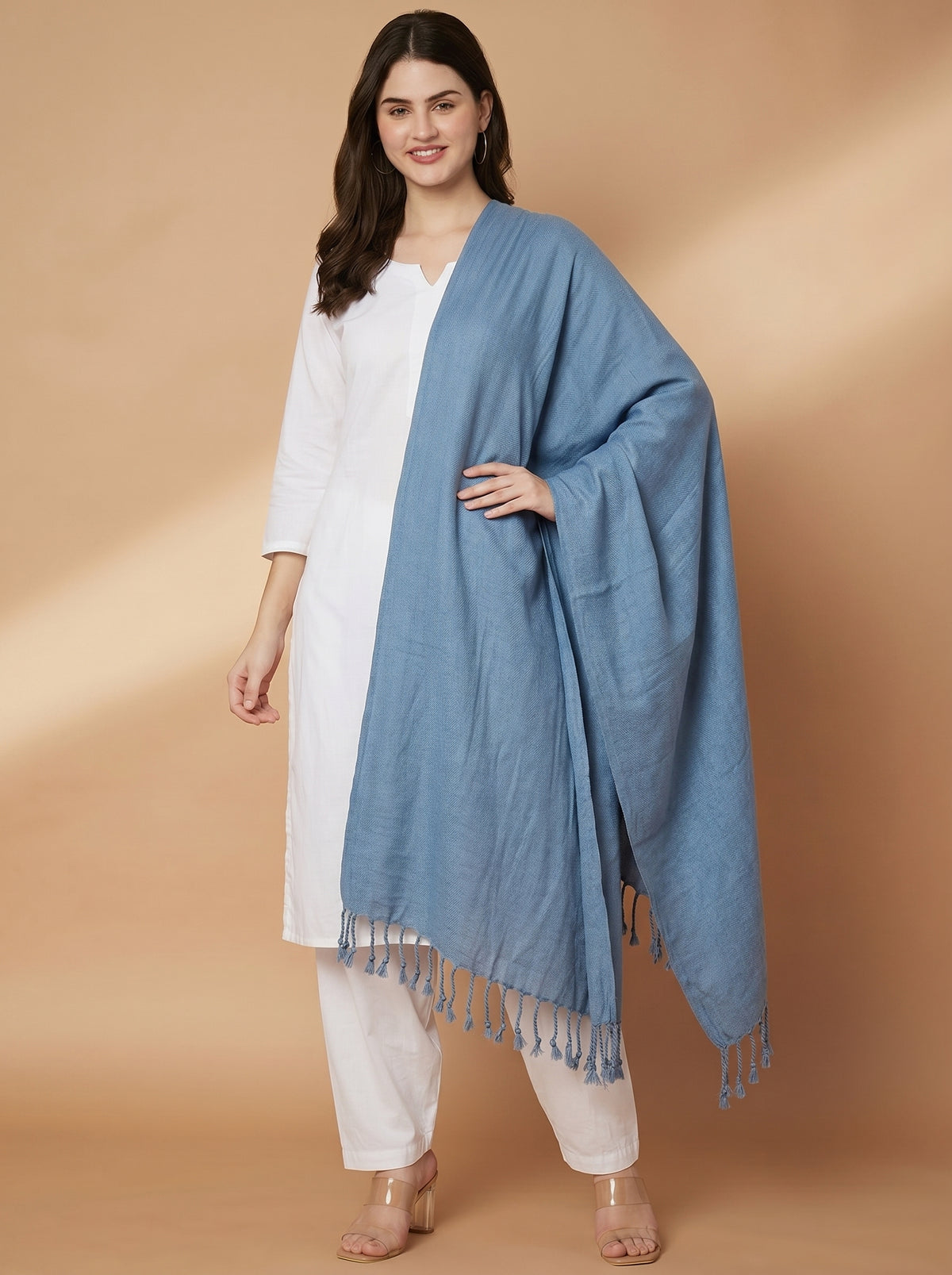 Plain Dark Sky Blue Woolen Stole for Women | Dark Sky Blue - view 2