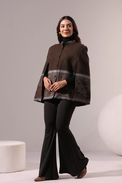 Women's Woven Cape Jacket with Zari Lotus Border | Brown