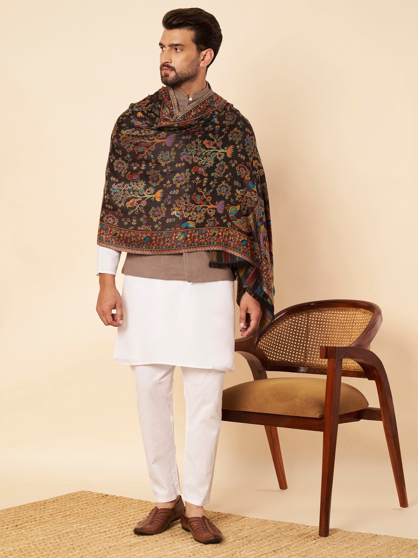 Kani Floral Weave Soft Woolen Stole for Men | Black