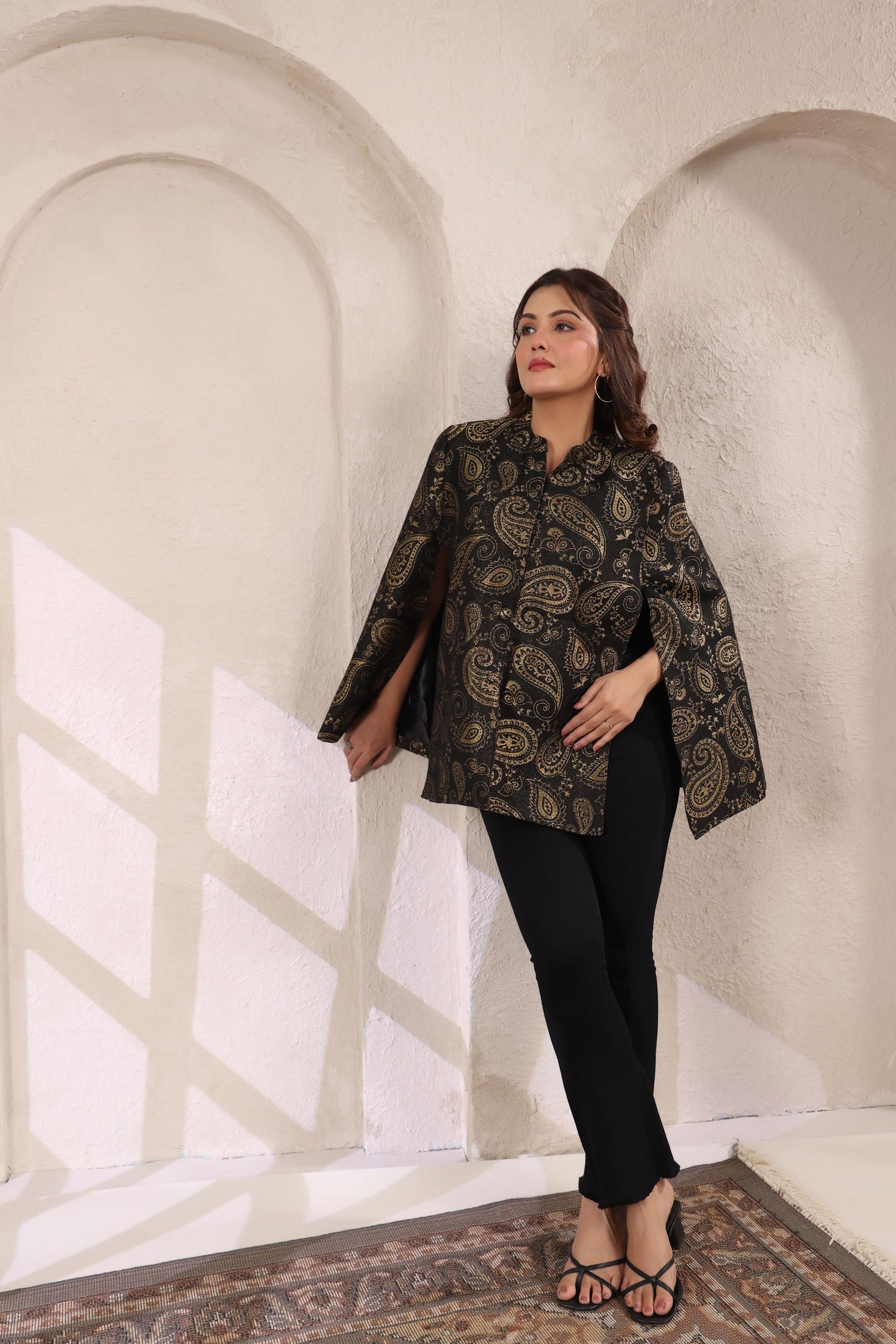 Women's Designer Zari Weave Paisley Cape Jacket | Black