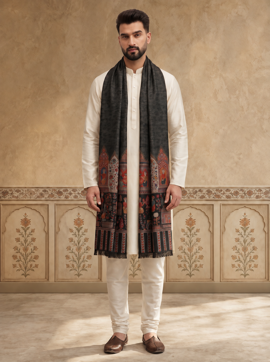 Kani Weave Pure Wool Shawl for Men with Royal Darbar Motifs Borders | Black - view 2