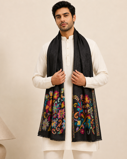Kani Floral Patterns Cutting Weave Stole for Men | Black