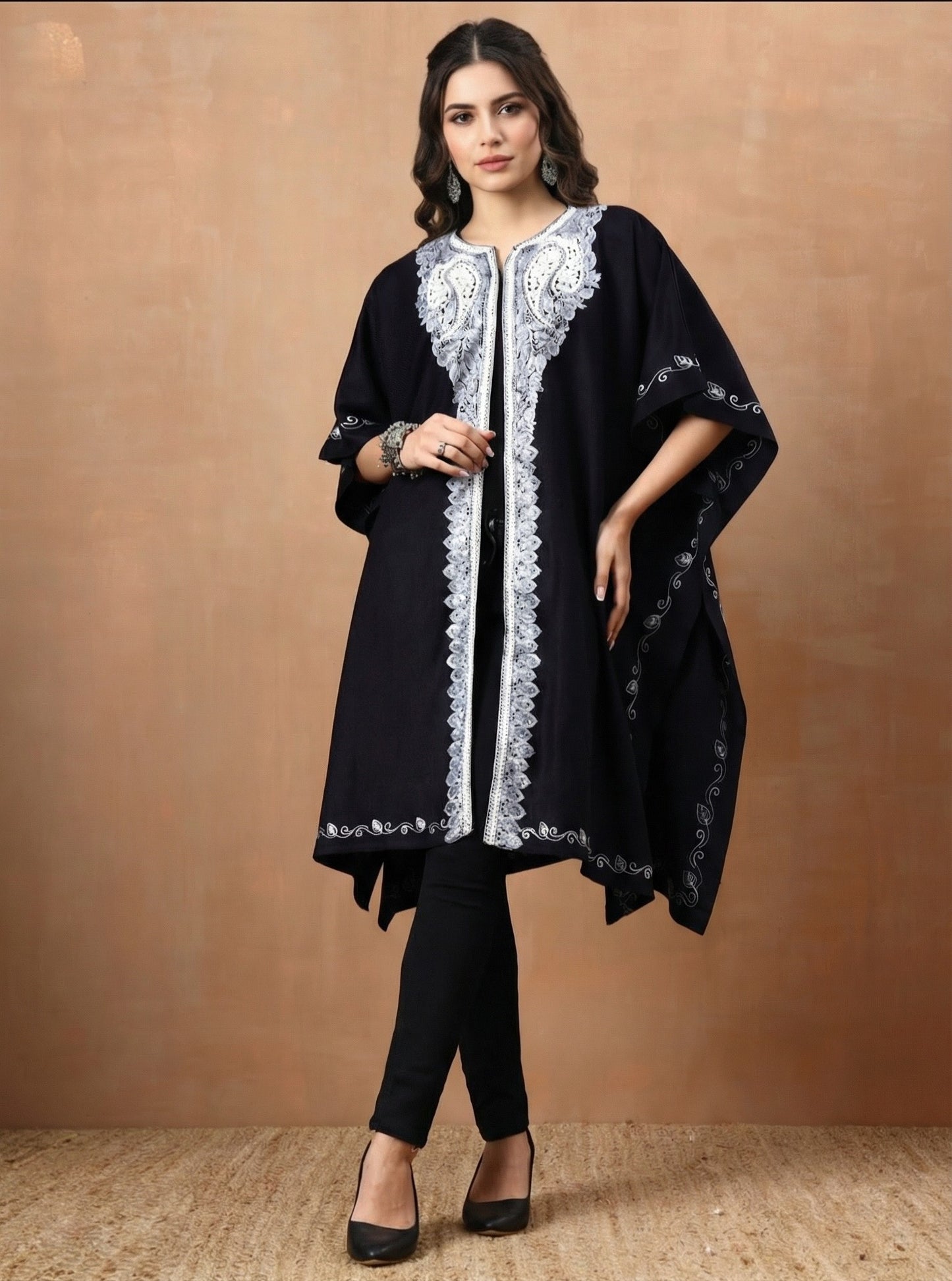 Aari Paisley Embroidery Black Pheran Shrug - view 3