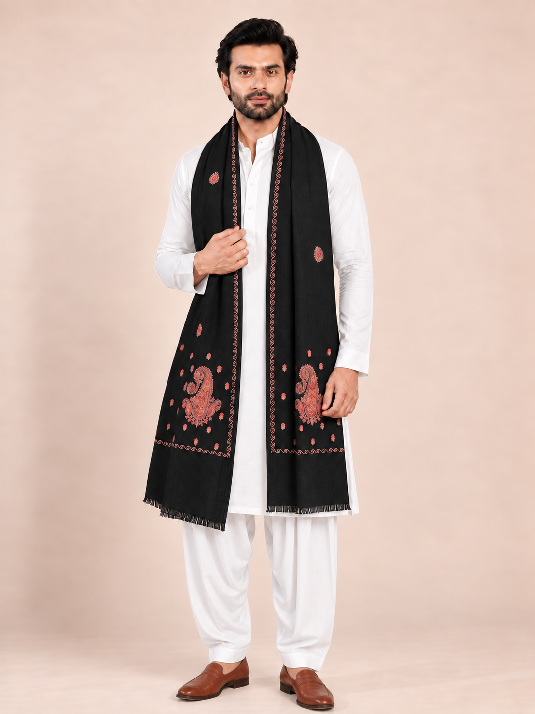 Fine Embroidery Paper Mache Kashmiri Wool Shawl for Men | Black