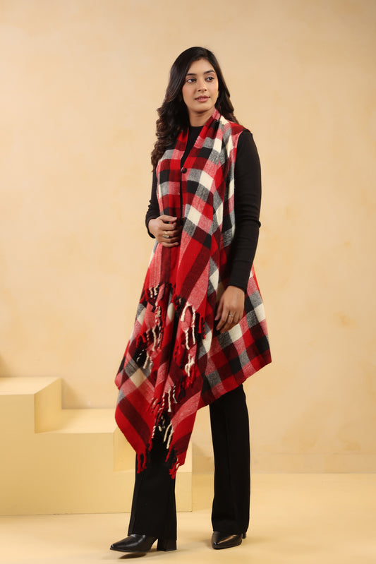 Women's Sleeveless Checkered Shrug Cardigan | Red
