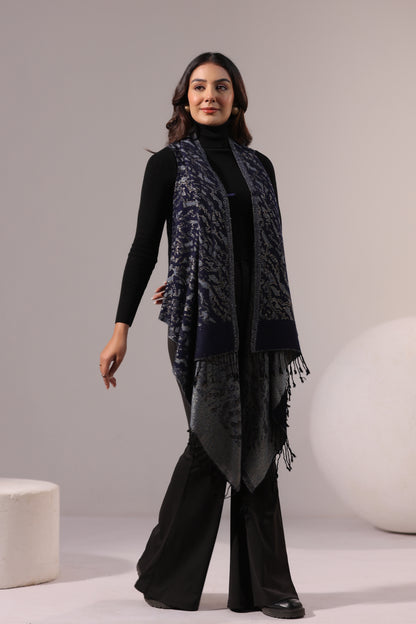 Women's Sleeveless Zari Pattern Shrug Cardigan | Navy Blue