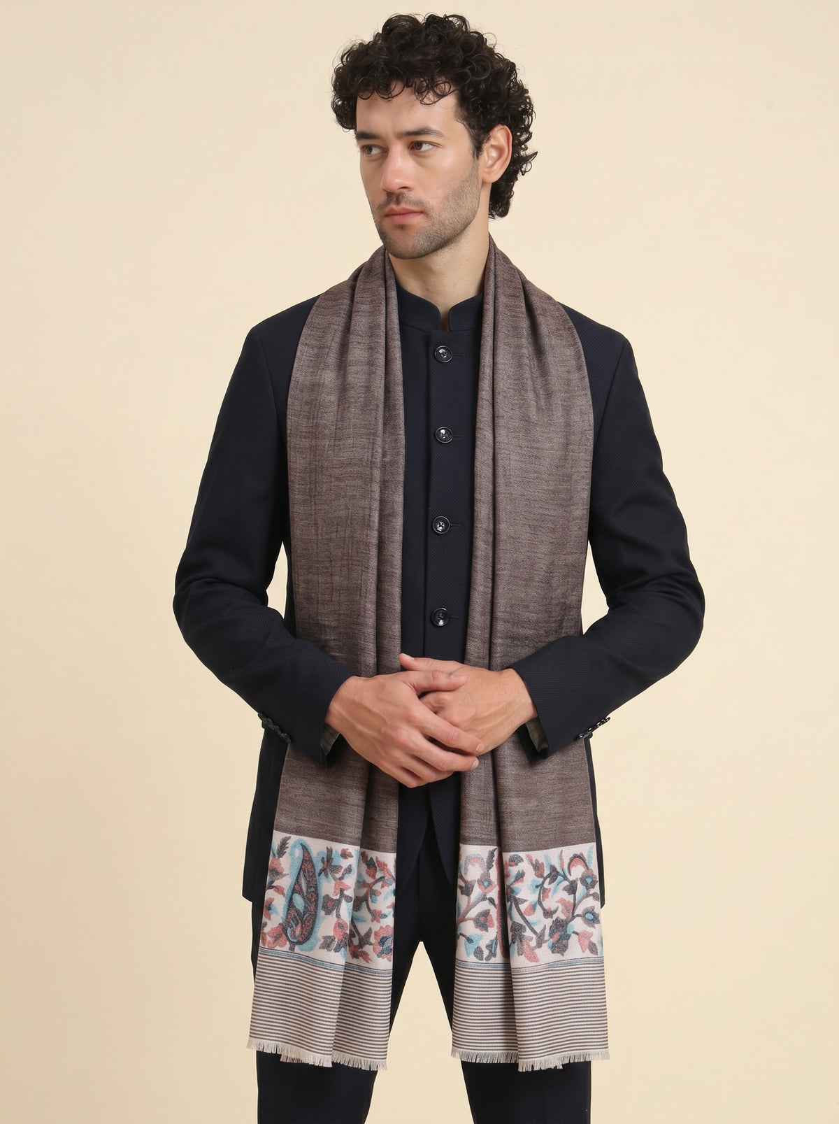 Ultra Soft Fine-Wool Kani Woven Stole for Men | Grey - view 3