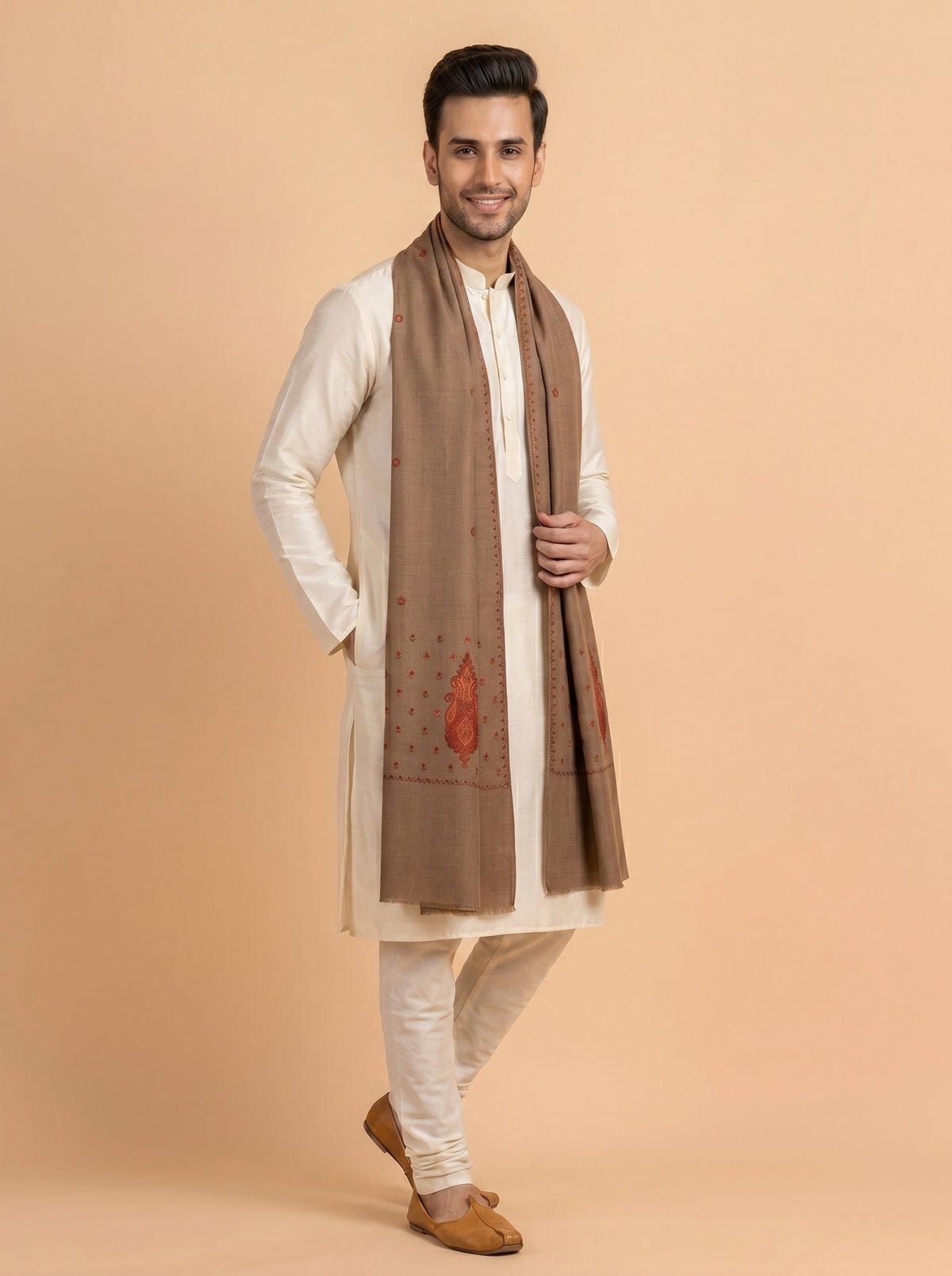 Fine Embroidery Paper Mache Kashmiri Wool Shawl for Men | Brown - view 4