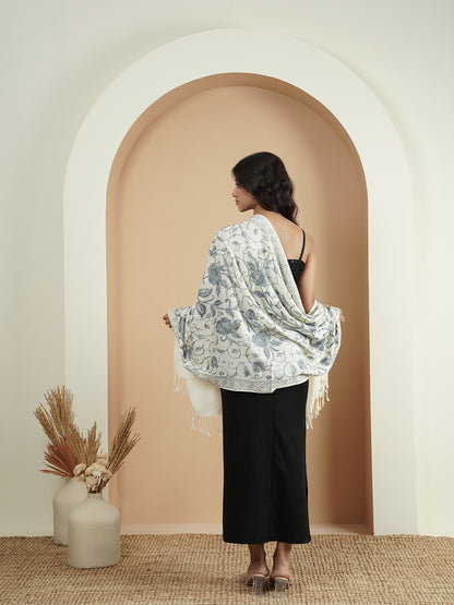 Floral Kashmiri Jaal Embroidery Warm Stole with Fringed Border | White - view 2