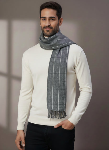 Soft Woollen Muffler for Men | Grey Check Scarf