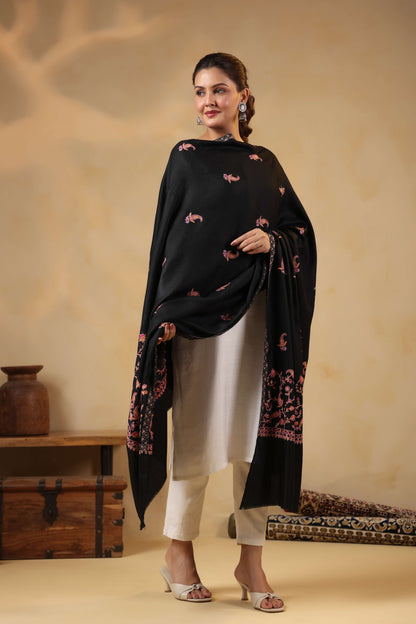 Sozni Floral Embroidery Kashmiri Shawl | Black