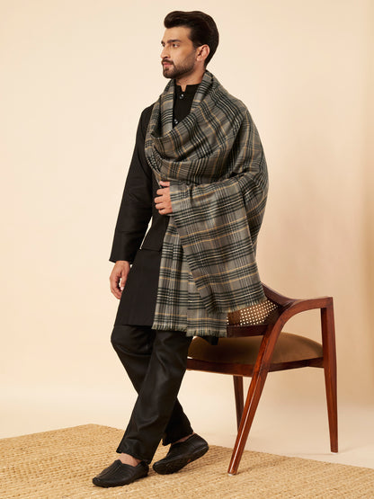 Men's Woollen Lohi Shawl | Grey Stripe Check