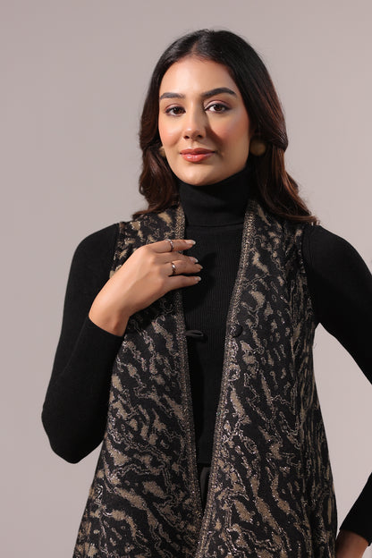 Women's Sleeveless Zari Pattern Shrug Cardigan | Black