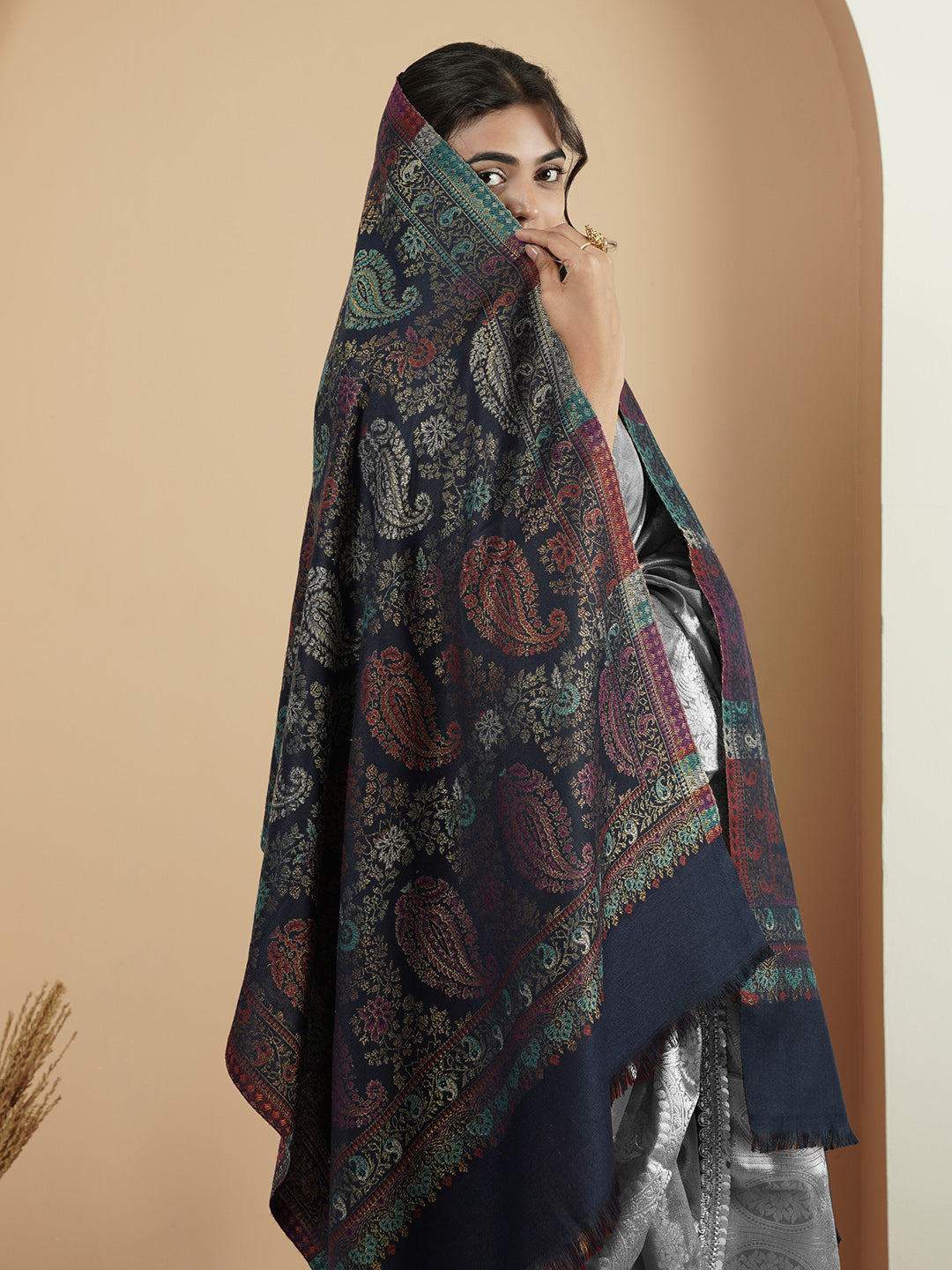 Multicolor Paisley Kani Weave with Zari Work | Navy Blue