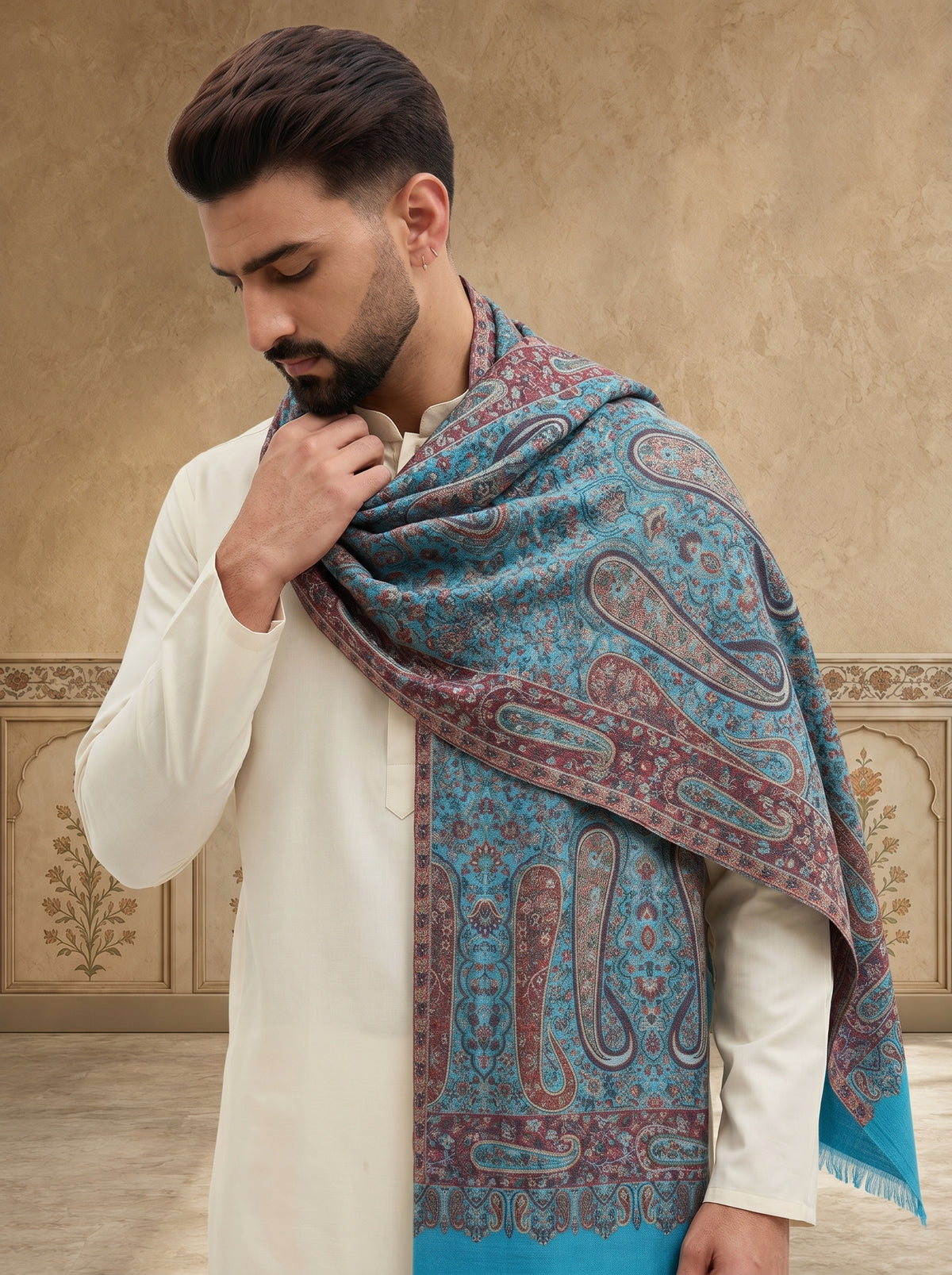 Kani Pure Wool Shawl for Men with Paisley Equisite Royal Pattern | Cyan - view 4