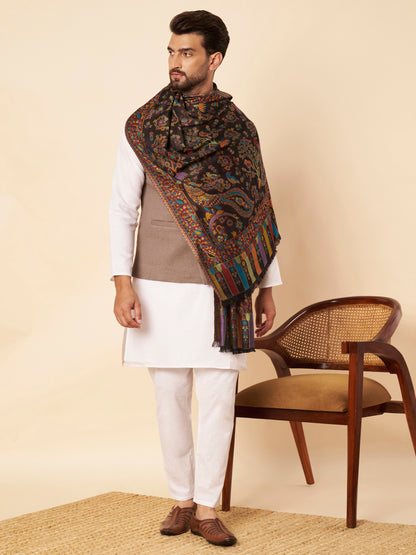 Kani Floral Weave Soft Woolen Stole for Men | Black