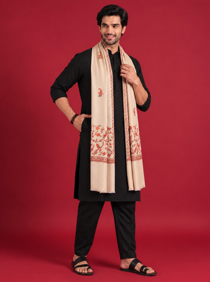 Sozni Floral Embroidery Kashmiri Shawl for Men | Beige - view 2