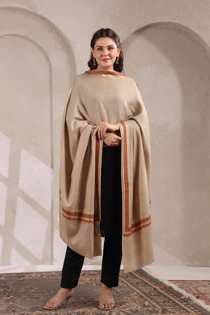 Kashmiri Sozni Zari Embroidery Shawl | Beige