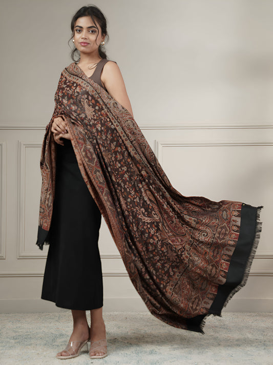 Warm Faux Pashmina Floral Jacquard Woven Jamawar Shawl (Black)