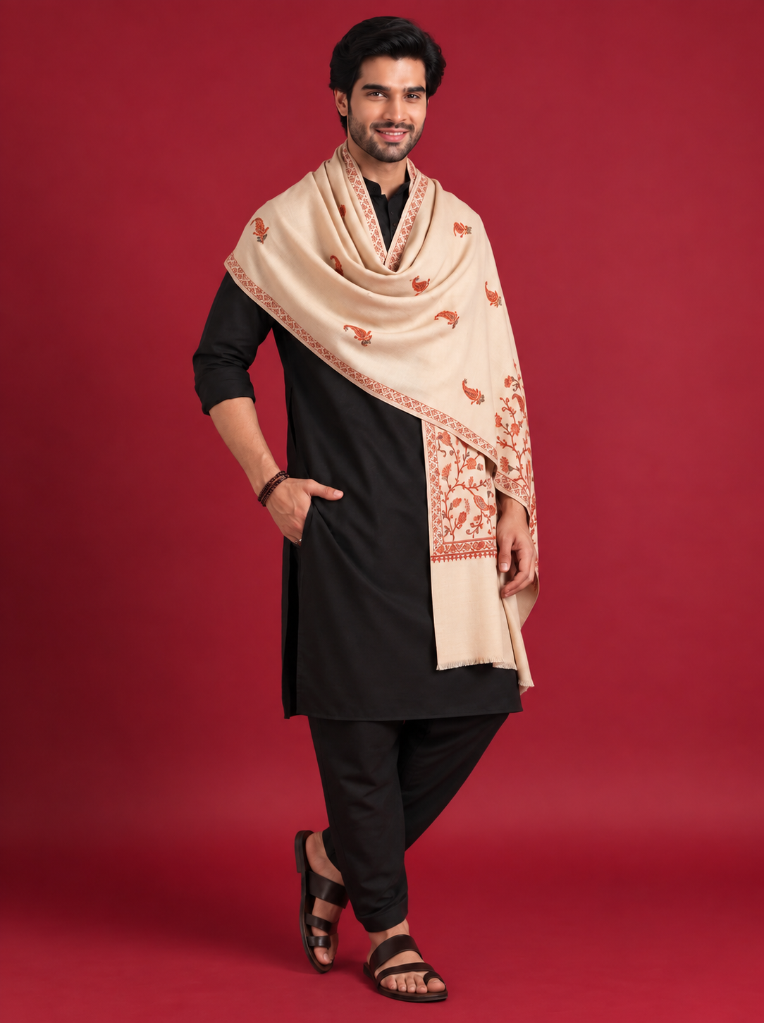 Sozni Floral Embroidery Kashmiri Shawl for Men | Beige