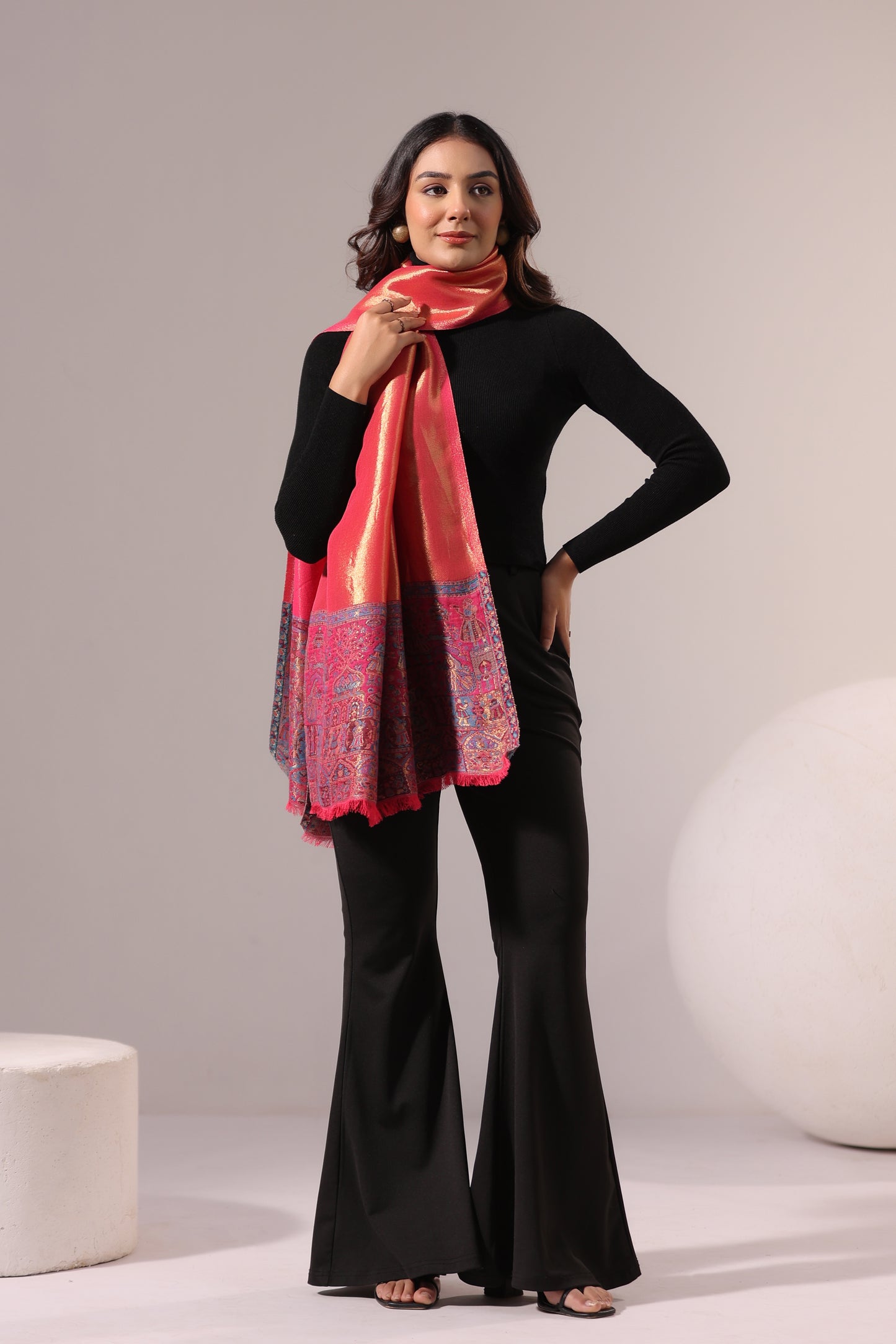 Women’s Premium Kani Woven Shawl with Zari Sheen | Pink Orange