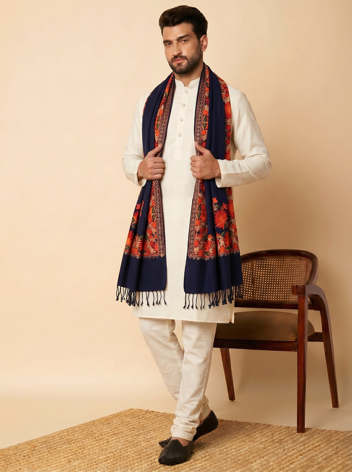 Kashmiri Aari Embroidery Woollen Stole for Men | Blue - view 2