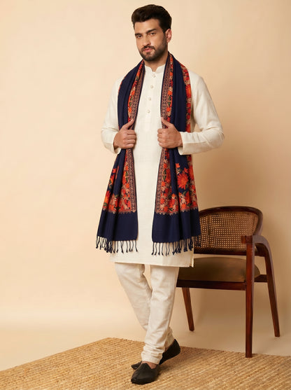 Kashmiri Aari Embroidery Woollen Stole for Men | Blue - view 2