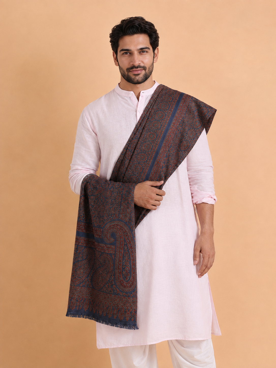 Kashmiri Kani Stole for Men in Floral Weaving | Grey - view 3