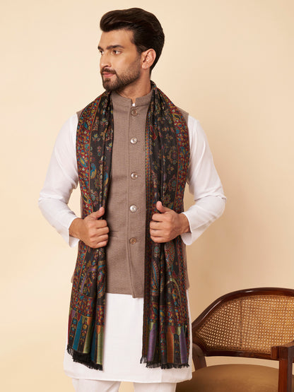 Kani Floral Weave Soft Woolen Stole for Men | Black