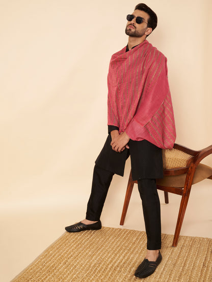Fine Wool Horizontal Zari Stripes Stole | Pink
