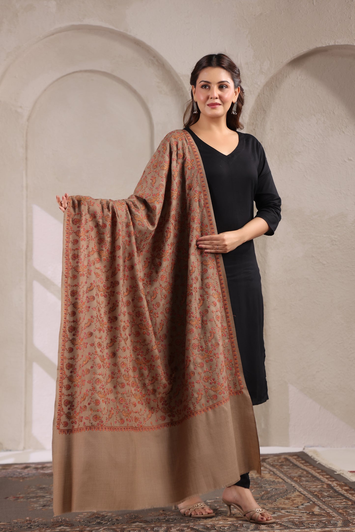 Pure Wool Shawl with All-over Multicolour Royal Paisley Sozni Embroidery - view 3