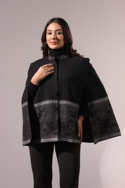 Women's Woven Cape Jacket with Zari Lotus Border | Black