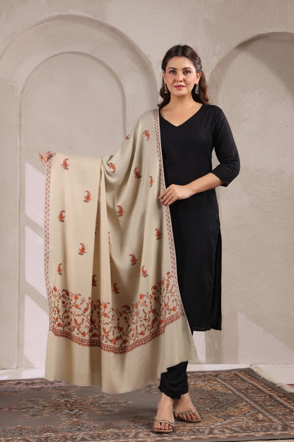 Sozni Floral Embroidery Kashmiri Shawl | Beige