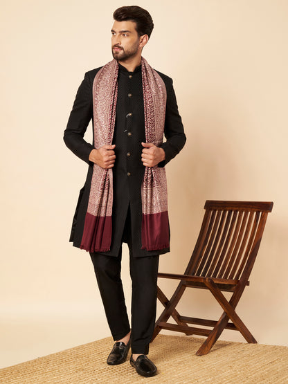 Floral All-over Kani Weave Woolen Stole with Paisley Border | Maroon