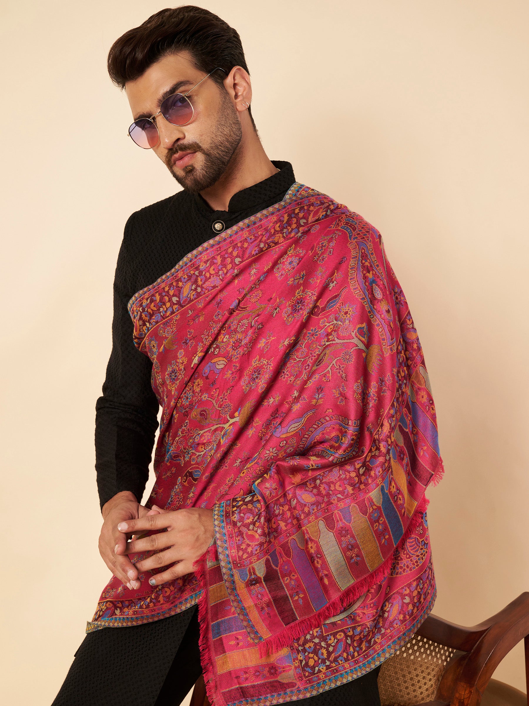 Kani Weave Lightweight Woolen Stole for Men | Magenta - view 3